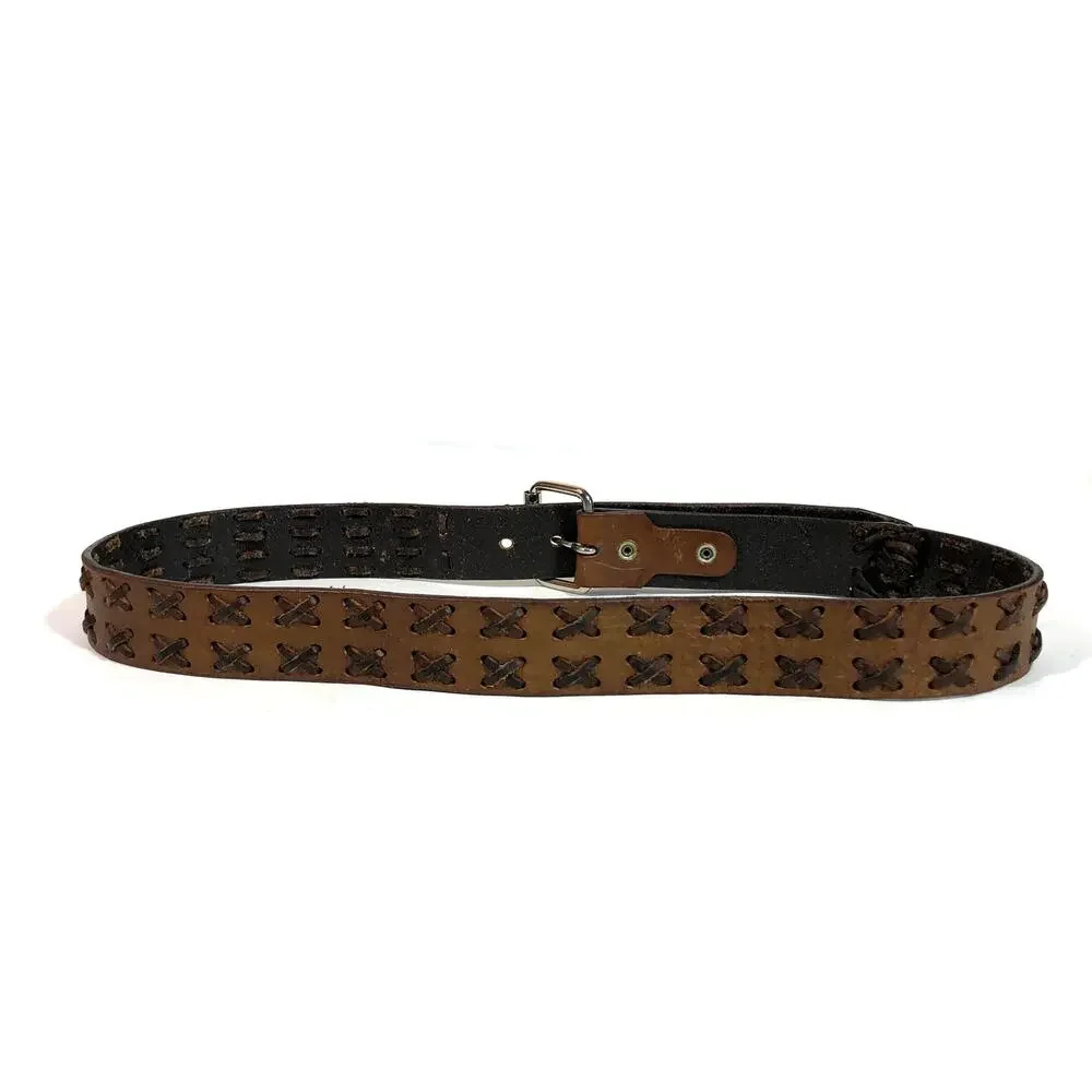 Brown Leather Belt, Criss Cross Weave Retro Silver Hardware Worn Look L XL Mocha